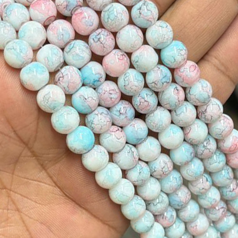 Blue Pink Printed Glass Beads 8mm Eva Fashion and Craft