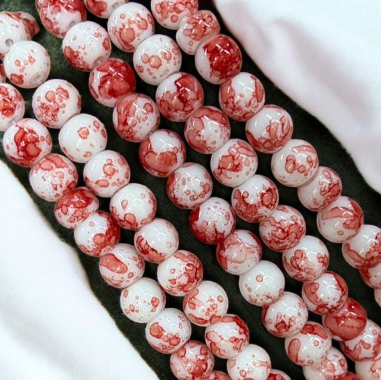 Red and White Printed Glass Beads 8mm Eva Fashion and Craft