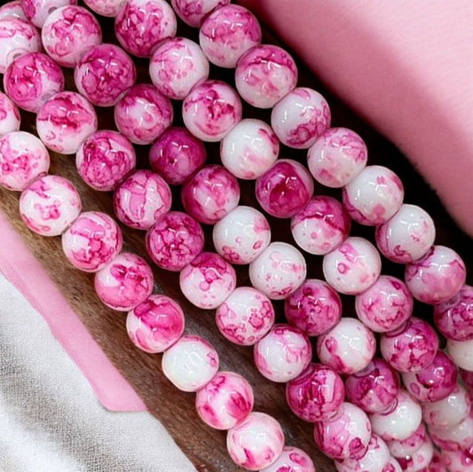 Pink and White Printed Glass Beads 8mm Eva Fashion and Craft