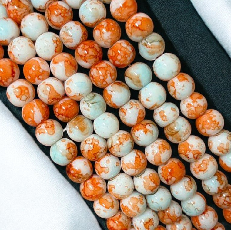 Orange and Light Blue Printed Glass Beads 8mm Eva Fashion and Craft