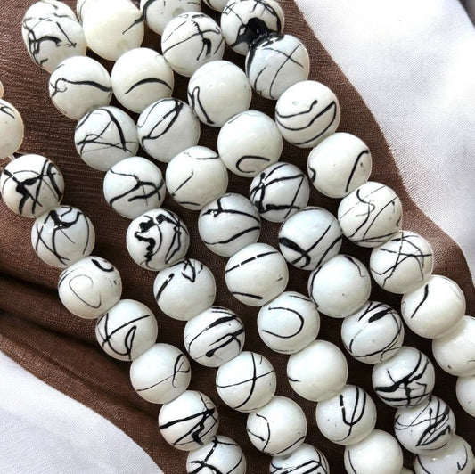 White and Black Printed Glass Beads - 8mm Eva Fashion and Craft