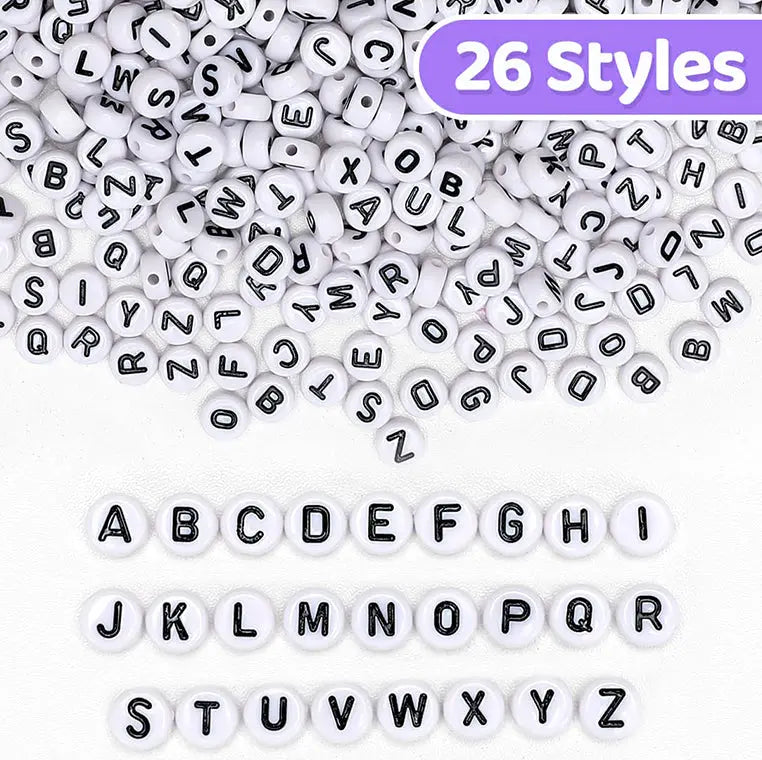 Black and White Alphabet Letters Round Beads - 6mm (Mixed) Eva Fashion and Craft