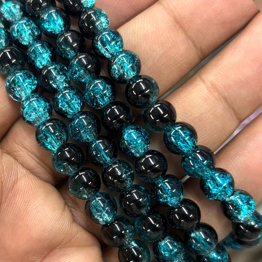 Teal Blue Black Crackle Beads 8mm